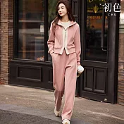 【初色】休閒運動風拼接撞色連帽長袖罩衫外套女外套+鬆緊腰寬褲長褲套裝-粉色-16345(M-2XL可選) M 粉色