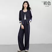 【初色】韓系通勤圓領排釦長袖外套女外套+休閒仿牛仔闊腿休閒褲寬褲長褲套裝-藍色-16411(M-2XL可選) M 藍色