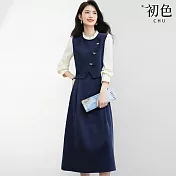 【初色】法式拼接撞色假兩件花邊立領長袖高腰A字中長連衣裙連身洋裝-深藍色-16403(M-2XL可選) M 深藍色