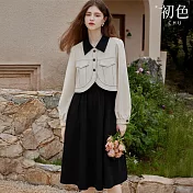 【初色】法式拼色排釦翻領外套女外套+無袖中長連衣裙連身洋裝套裝-杏色外套黑裙-16405(M-2XL可選) M 杏色外套黑裙