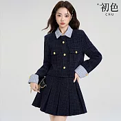 【初色】小香風拼接撞色條紋單排釦翻領長袖襯衫上衣女上衣+純色中長裙半身裙套裝-藏青色-16406(M-2XL可選) M 藏青色