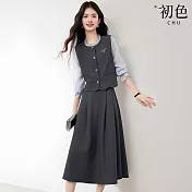 【初色】法式圓領七分袖假兩件拼接上衣女上衣+素色百搭中長裙套裝-灰色-16409(M-2XL可選) M 灰色
