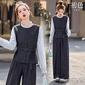 【初色】排釦圓領收腰綁帶馬甲背心女背心+純色口袋直筒褲休閒褲寬褲長褲套裝-灰色-16410(M-2XL可選) M 灰色