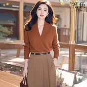 【初色】純色V領長袖針織衫上衣女上衣+中長裙半身裙套裝-咖駝色-16333(F可選) F 咖駝色