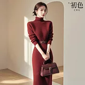 【初色】氣質純色軟糯修身立領長袖針織毛衣連衣裙連身洋裝長洋裝-共4色-16335(F可選) F 紅色