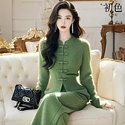 【初色】新中式輕奢感圓領排扣長袖針織衫毛衣+鬆緊腰寬鬆闊腿寬褲長褲套裝-共2色-16336(F可選) F 綠色