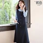 【初色】輕奢風簡約顯瘦拼接條紋假兩件POLO領長袖高腰A字裙中長裙連衣裙連身洋裝-藏青色-16416(M-2XL可選) M 藏青色