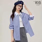 【初色】休閒簡約撞色拼接翻領長袖寬鬆條紋襯衫上衣女上衣-藍白條紋-16394(M-3XL可選) M 藍白條紋