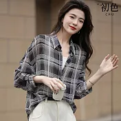 【初色】休閒復古格紋格子雪紡翻領排扣長袖寬鬆襯衫上衣女上衣-黑色-16497(M-2XL可選) M 黑色