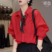 【初色】法式純色翻領單排釦口袋寬鬆薄款長袖襯衫上衣女上衣-紅色-16509(M-XL可選) M 紅色