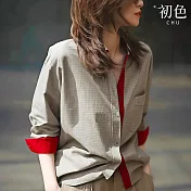 【初色】休閒簡約格紋格子撞色拼接翻領長袖寬鬆襯衫上衣女上衣-灰色-16475(M-2XL可選) M 灰色