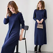 【AnZa】中大尺碼純色圓領長袖連身裙(5色) L 藏青