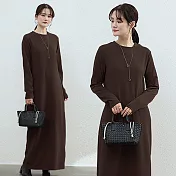 【AnZa】中大尺碼純色圓領長袖連身裙(5色) L 咖啡