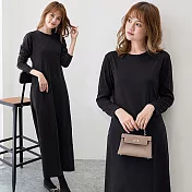 【AnZa】中大尺碼純色圓領長袖連身裙(5色) L 黑色