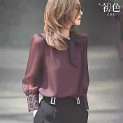 【初色】通勤風純色圓領飄結蕾絲袖口長袖襯衫上衣女上衣-深紫色-16485(M-2XL可選) L 深紫色