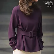 【初色】休閒簡約典雅通勤修身收腰綁帶圓領長袖上衣女上衣-紫色-16479(M-2XL可選) L 紫色