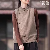 【初色】復古風斜襟盤扣立領坎肩保暖加厚純色外搭馬甲女背心-共3色-16444(L/XL可選) L 卡其色