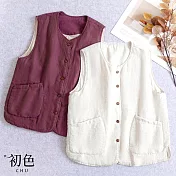 【初色】文藝復古純色圓領排扣無袖軟綿寬鬆馬甲夾克外套背心女背心-共2色-16442(M-2XL可選) M 米杏色