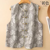 【初色】新中式復古風寬鬆短款滿版紋理單排盤扣圓領無袖疊穿開衫馬甲背心女背心-共2色-16447(L-2XL可選) L 灰色