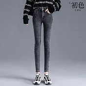 【初色】純色高腰牛仔褲加絨加厚保暖緊身彈力小腳鉛筆褲休閒褲長褲-共4色-39320(M-4XL可選) M 黑灰色