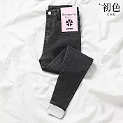 【初色】純色高腰牛仔褲加絨加厚保暖緊身彈力小腳鉛筆褲休閒褲長褲-共4色-39320(M-4XL可選) M 黑灰色