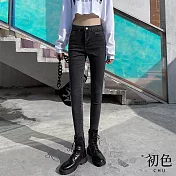 【初色】純色高腰牛仔褲加絨加厚保暖緊身彈力小腳鉛筆褲休閒褲長褲-共4色-39320(M-4XL可選) M 黑灰色