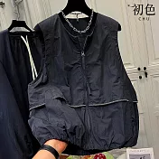 【初色】休閒風純色圓領無袖拉鍊雙口袋寬鬆馬甲背心女背心-黑色-16451(L可選) L 黑色