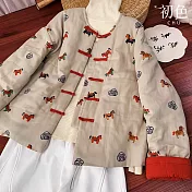 【初色】新中式國風寬鬆加厚保暖圖案印花單排盤扣圓領長袖棉衣外套女外套-駝色-16421(M-2XL可選) M 駝色