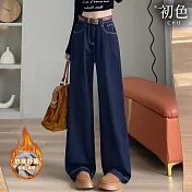 【初色】純色加絨加厚高腰寬鬆闊腿直筒休閒褲寬褲長褲牛仔褲-藍色-39321(M-2XL可選) M 藍色