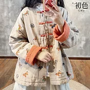 【初色】休閒寬鬆保暖復古可愛復古印花圖樣盤扣圓領長袖外套女外套-麻色-16427(M-2XL可選) M 麻色