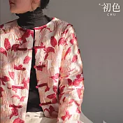 【初色】新中式短款加厚保暖緹花滿版印花單排盤扣圓領長袖棉服外套女外套-花色-16428(M-2XL可選) M 花色