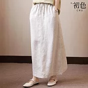 【初色】文藝純色抽繩鬆緊腰寬鬆A字裙棉麻風格中長裙半身裙長裙-共5色-16471(M-2XL可選) 2XL 麻色