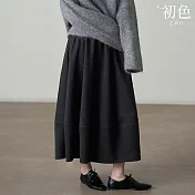 【初色】休閒簡約寬鬆通勤花苞皺褶邊鬆緊腰A字裙半身裙中長裙長裙-共2色-16458(F可選) FREE 黑色