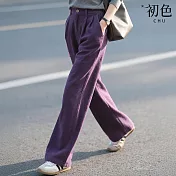 【初色】通勤風純色雙口袋中高腰顯瘦西裝褲休閒褲直筒褲闊腿長褲-紫色-16367(M-2XL可選) M 紫色