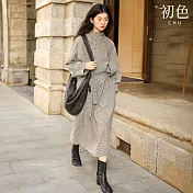【初色】法式復古高領長袖寬鬆格子綁帶收腰中長裙連衣裙連身洋裝長裙-黑白格紋-16464(M-2XL可選) M 黑白格紋