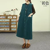 【初色】復古風純色單排釦圓領無袖燈芯絨開衫背心裙中長裙連衣裙連身洋裝-共3色-16457(M-2XL可選) M 藍色