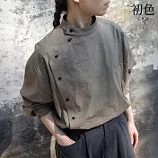 【初色】新中式復古風純色單排釦立領長袖襯衫上衣女上衣-共色-16429(M-2XL可選) M 灰咖色