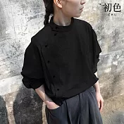 【初色】新中式復古風純色單排釦立領長袖襯衫上衣女上衣-共色-16429(M-2XL可選) M 黑色