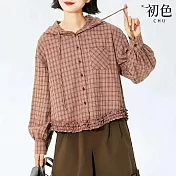 【初色】文藝復古風格紋木耳邊下擺抽繩連帽排扣長袖襯衫上衣女上衣-橘色-16430(M-2XL可選) M 橘色