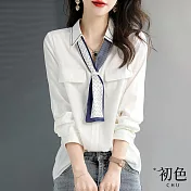 【初色】簡約附領巾翻領長袖襯衫上衣-白色-63437(M-2XL可選) M 白色
