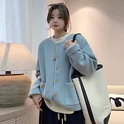 【MsMore】 韓系圓領針織單排扣毛衣外套長袖上衣# 125932 FREE 藍色