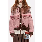 【MsMore】 粉色費爾島緹花拼接毛衣外套# 126269 FREE 玫紅色