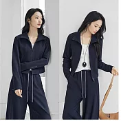 【MsMore】 鬆弛休閒運動裝短外套直筒長褲修身顯瘦2件式套裝# 126458 M 藏青色