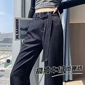 【MsMore】 深藍色竹節軟牛仔褲高腰直筒垂感微喇長褲# 126465 M 藍色