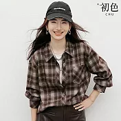 【初色】復古落肩長袖翻領單排釦撞色格紋襯衫上衣女上衣-咖格-16665(M-2XL可選) M 咖格