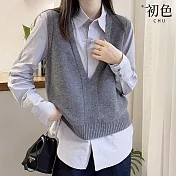 【初色】休閒風純色無袖V領針織衫馬甲背心女背心-共2色-16656(F可選) F 灰色