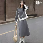 【初色】簡約休閒寬鬆修身假兩件圓領長袖上衣女上衣+鬆緊腰開岔半身裙中長裙套裝-共2色-16619(M-2XL可選) M 灰色