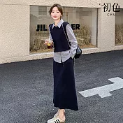 【初色】通勤風條紋假兩件裝飾釦翻領長袖衛衣上衣+簡約純色修身半身裙長裙套裝-藏青色-16620(M-XL可選) M 藏青色