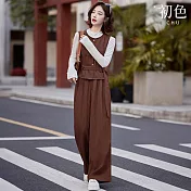 【初色】純色簡約半高領長袖上衣+收腰顯瘦無袖馬甲+闊腿褲寬褲長褲套裝-共2色-16623(M-XL可選) M 咖啡色