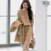 【初色】法式圓領縫線裝飾長袖針織毛衣+素色中長裙半身裙套裝-共3色-32515(F可選) F 卡其色